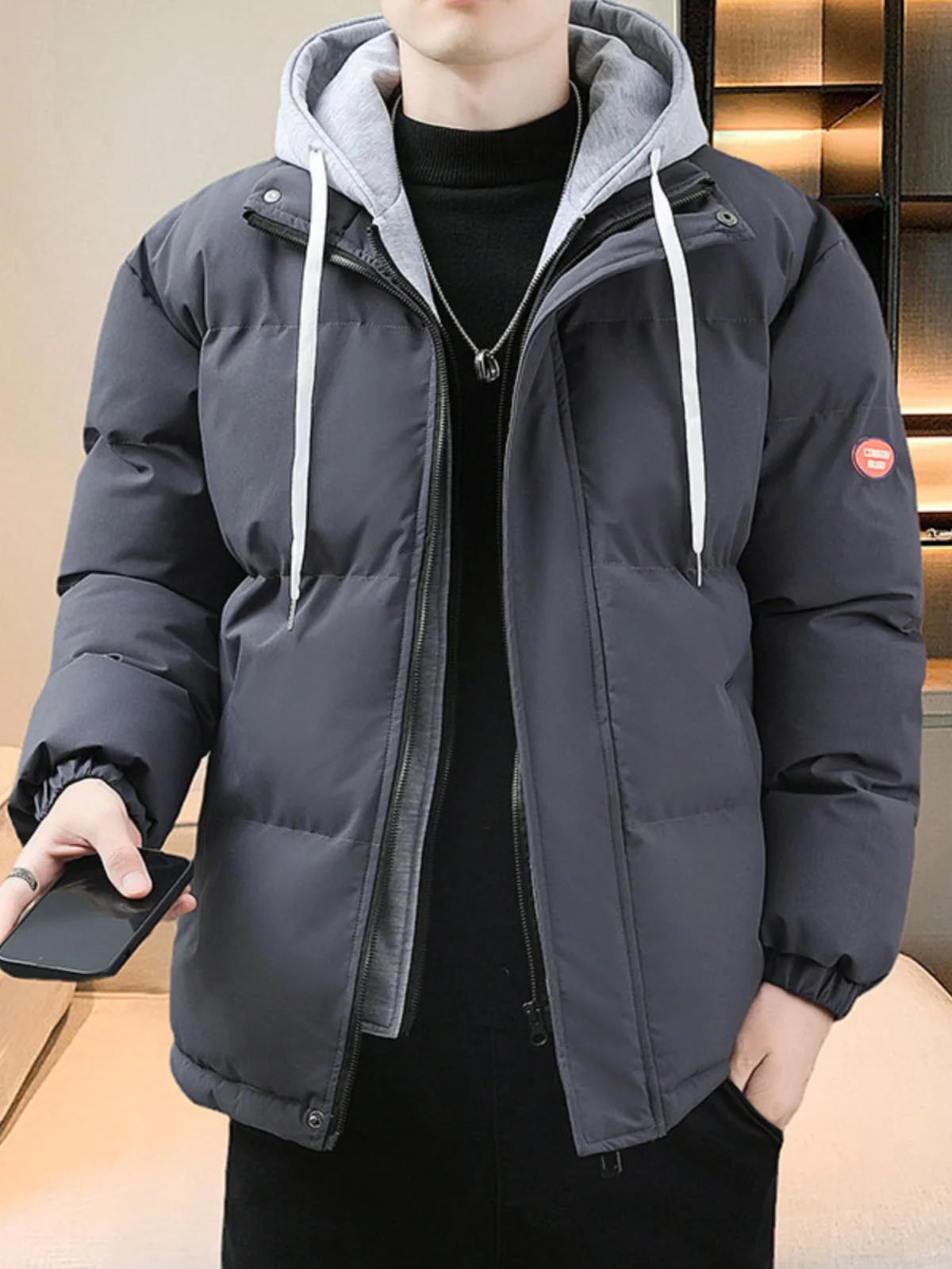 

Men's Thickened Cotton Jacket Fake Two-Piece Winter Outerwear 2024 New Style Youth Fashion Warm Short Zipper Hooded Coat