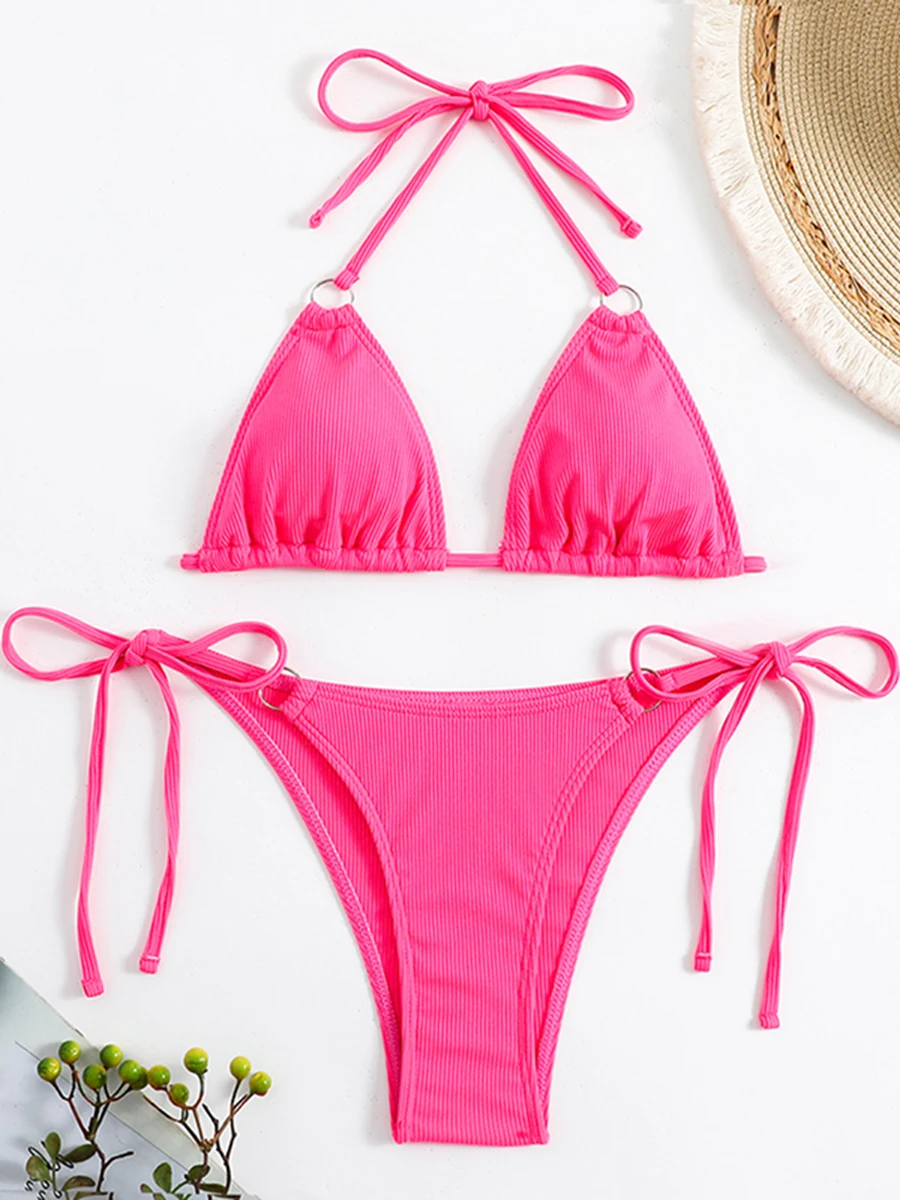 2024 Solid Triangle Bikini Halter String Bikini Swimsuit Women Sexy Swimwear Female Bather Bathing Swimming Swim Suit Beachwear