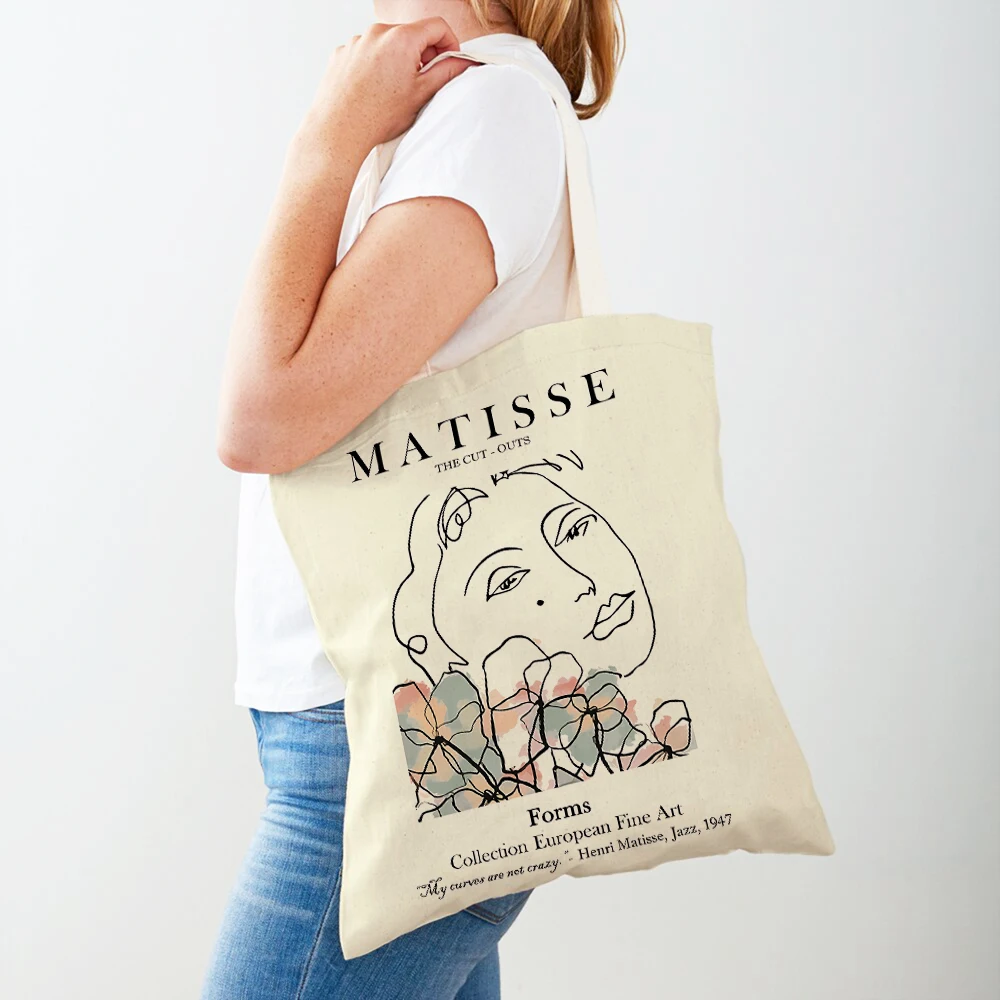 Abstract Matisse Line Face Coral Leaf Sun Supermarket Shopper Bags Nordic Girl Lady Tote Handbag Canvas Women Shopping Bag