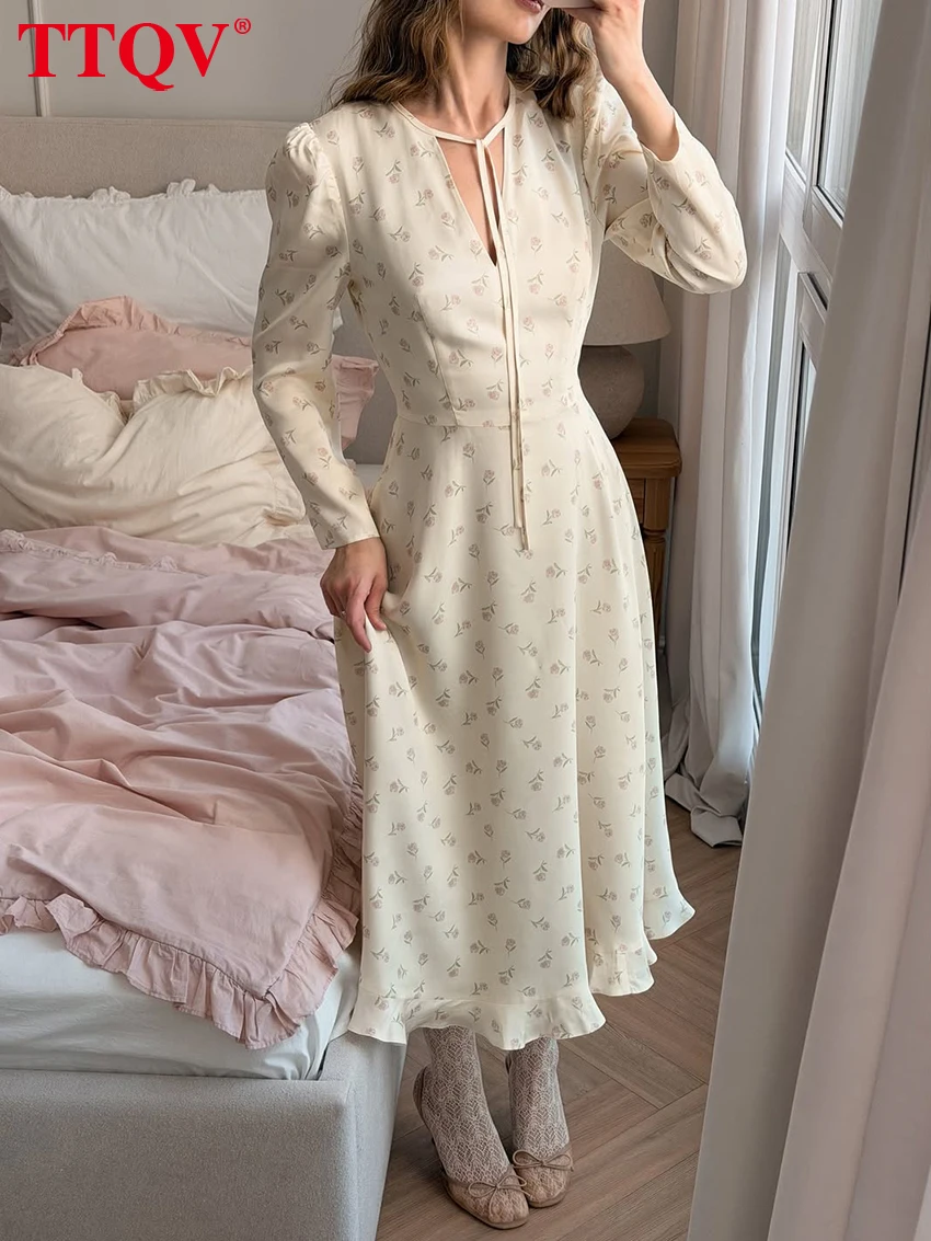 

TTQV Fashion Loose Print Women's Dress 2026 Autumn V-Neck Long Sleeve Ankle Length Dresses Lady Elegant Classic Female Dress