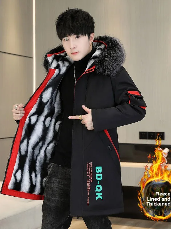 

Thickened Cotton Jacket Men's Mid-Length Fleece Lined Winter Coat Youth Students Outerwear Trendy Korean Style Warm Coat