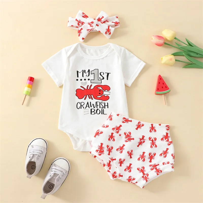 

2023-02-13 Lioraitiin 0-18M Baby Girl Clothes Suits Letter Print Short Sleeve Bodysuit Crayfish Print Elastic Waist Shorts Bow