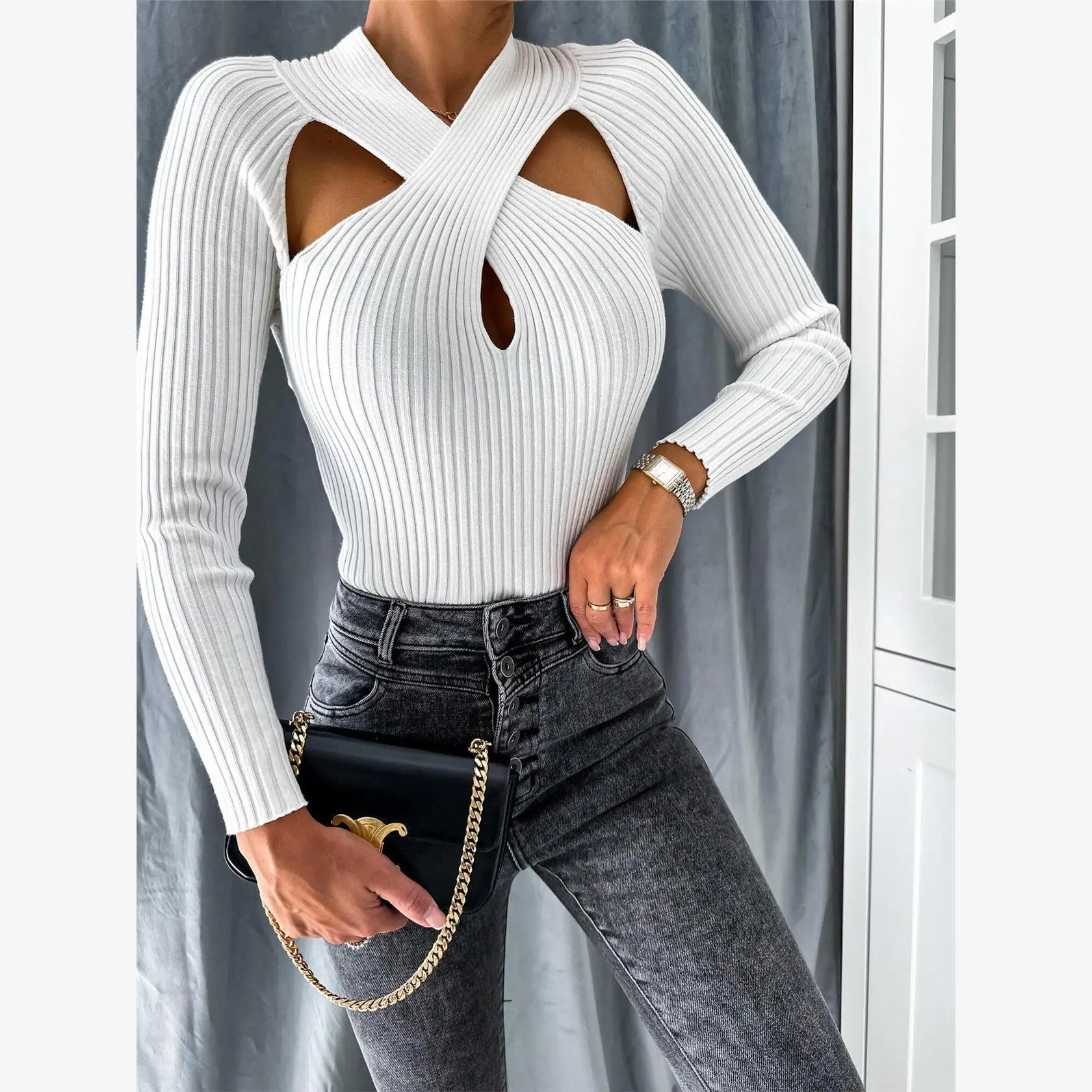 

Sexy Long Sve Hollow out Ne Hanging Women's Base irt Ele Chinese Sle Top for Autumn Season Ladies Faion