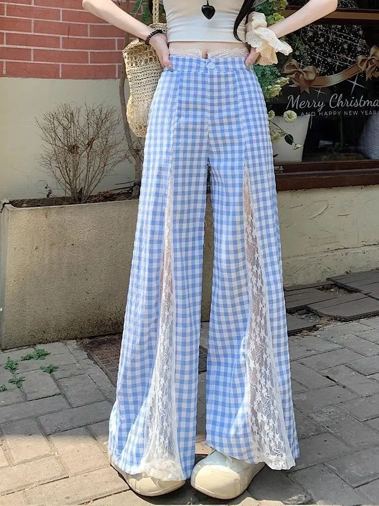 Lace Patchwork Wide Leg Pants Women Plaid Spring Summer Korean Fashion Chic Pantalones Mujer High Wast Vintage Trousers