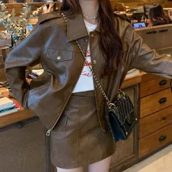 Vintage Brown Black PU Leather Jacket Coat Women and A-line Short Skirt Suits Fashion High Street Two Piece Set Female Outfits