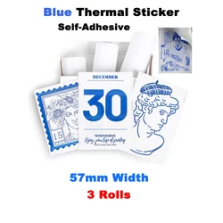 3 Rolls Thermal Paper Sticky Blue on White 57mm for Journal Photo Texts Study Notes Helloween Christmas Memo List Printing