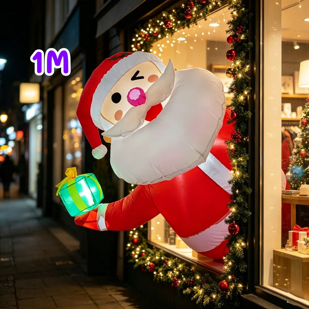 1M Inflatable Half Body Suspended Santa Claus Built-in LED Light Carry Gift Box Suitable Indoor Outdoor Windows Beams Decoration