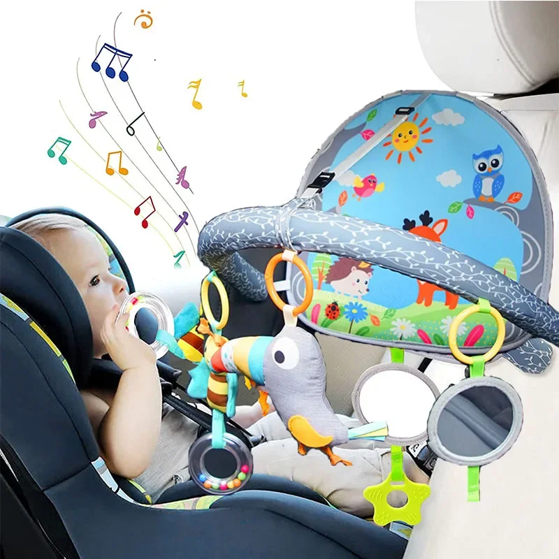 Newborn Baby Mobile Musical Car Seat Toys for Babies Kick and Play Activity Toy Mirror Hanging Squeaky Sensory Toys 6 12 Months