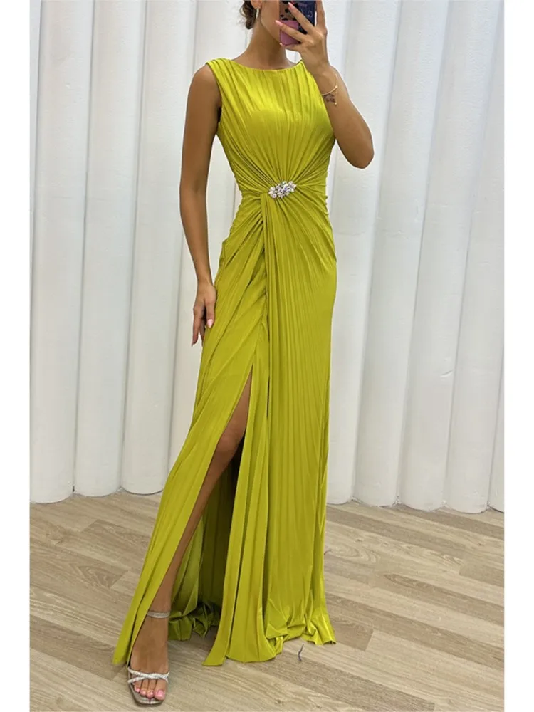 

Summer Dress Women's Sexy Split Party Dresses Solid Sleeveless Fashion Holiday Vestidos Para Mujer O-Neck Elegant Long Dresses