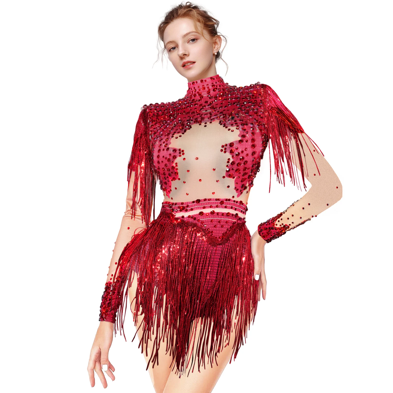 

Stage Outfit Dress Women Sexy Rhinestones Bodysuit Red Tassels Drag Queen Costumes Pole Dance Nightclub Party Performace Wear