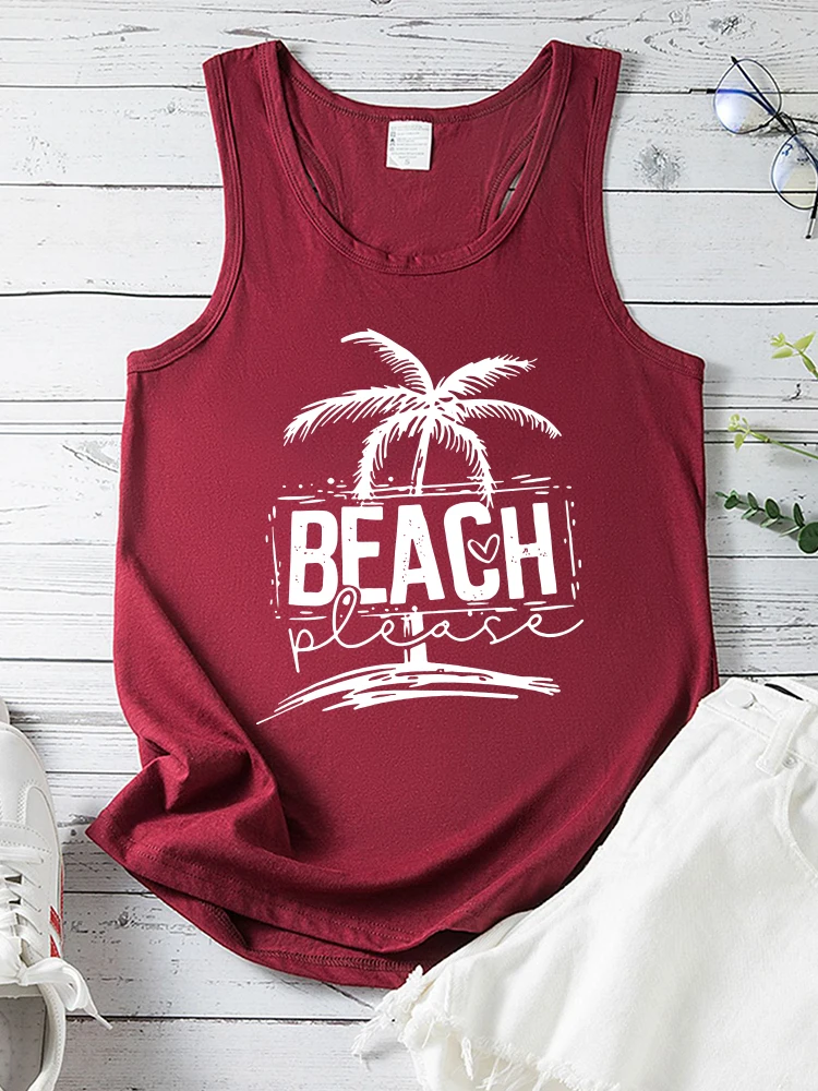 Seeyoushy Beach Please Print Summer Vacation Women Tank Tops Sleeveless O-Neck T Shirt Femme Casual 90 Ladies Vest Tops Clothes