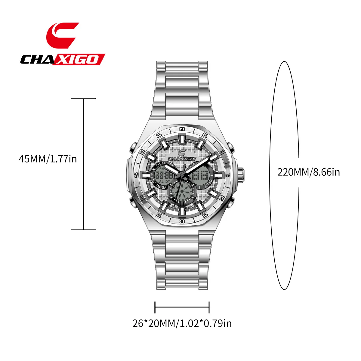 HCAXIGO* Men's Three-Eye Chronograph Double Display Watch Hollow Large Dial Steel Strap Multifunctional Sports Watch