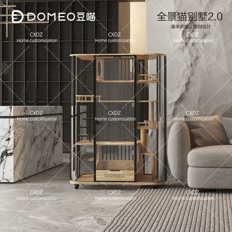 Curved Panoramic Cat Villa 360 Degree Glass Cat House Fully Transparent Luxury Solid Wood Cat Cabinet