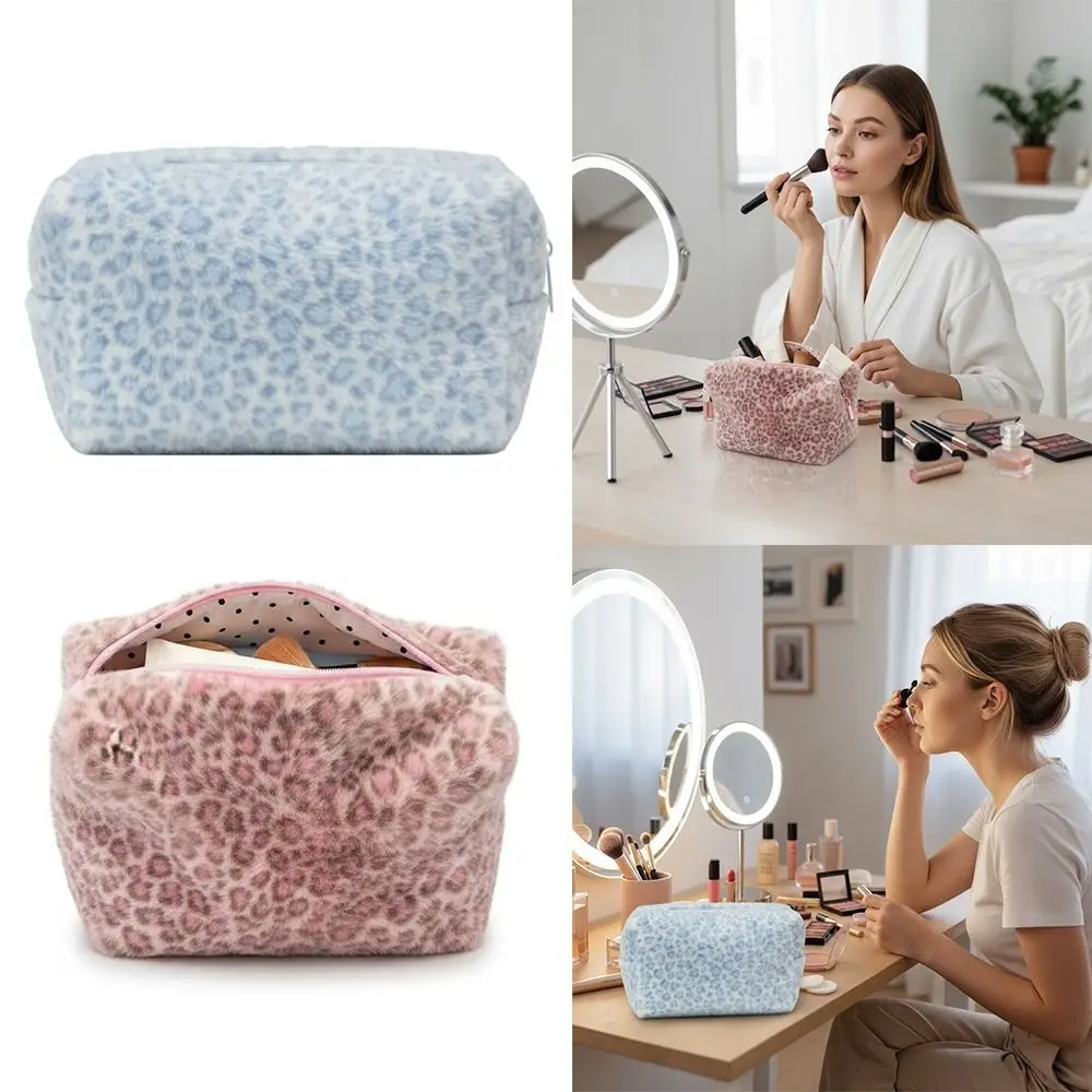 High Quality Fuzzy Makeup Bag Large Capacity Leopard Print Toiletry Organizer Portable Cosmetic Bag Travel