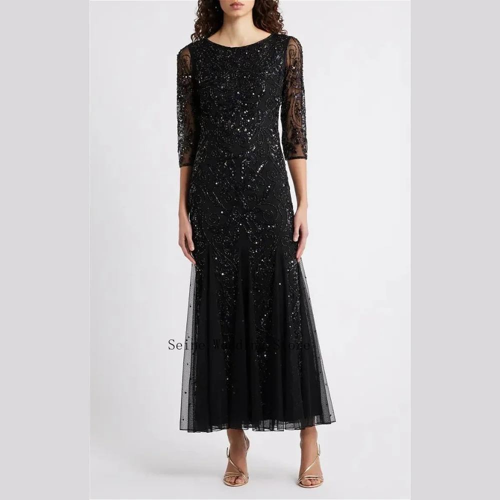 Customized Mermaid Tulle Mother of The Bride Dress with Beading Round Neck 3/4 Sleeve Formal Wedding Party Gown Evening Dresses
