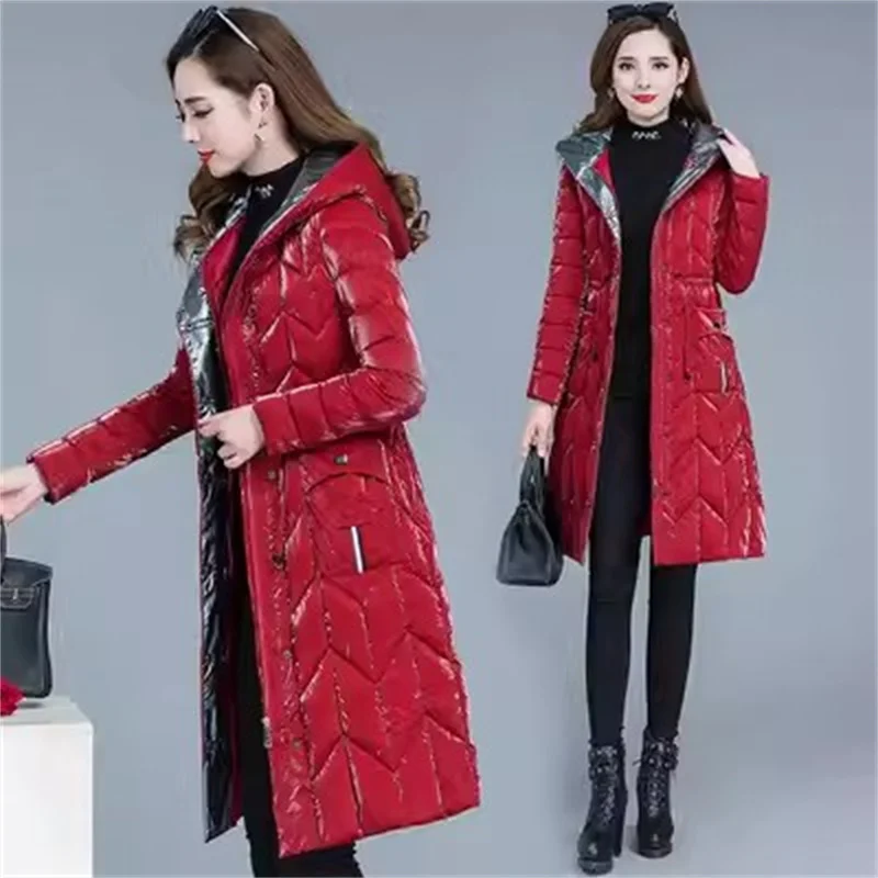 Bright Down Cotton-padded Jacket Women Winter 2024 New Hooded Cotton-padded Coat Thick Warm Mid Length Cotton-padded Clothes