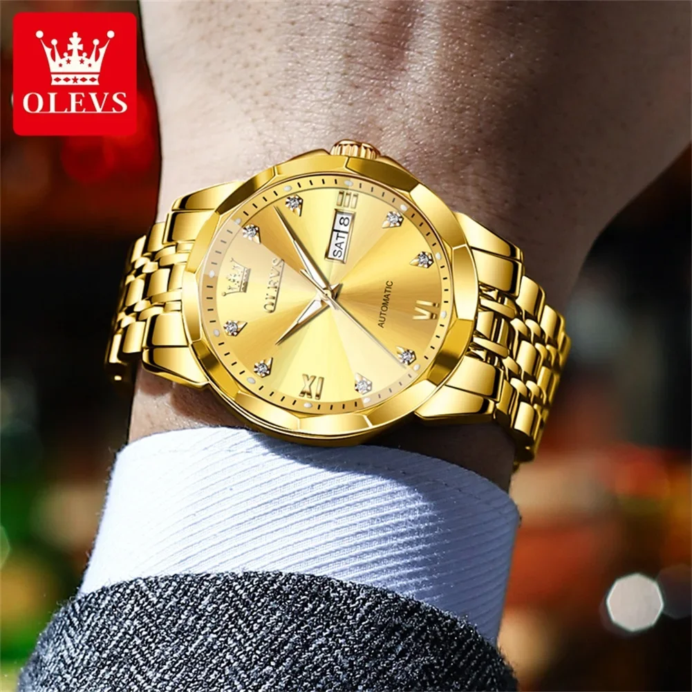 OLEVS Automatic Watch Men Top Brand Luxury Rhombus Design Steel Mechanical Watch Self Winding Watches for Men Waterproof  Watch