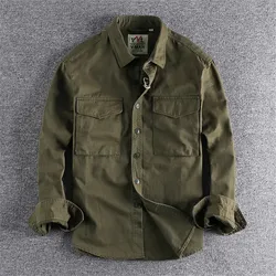 Retro Male Cargo Shirt Jacket Canvas Cotton Khaki Military Casual Work Mens Tops Clothing Single-Breasted Camisas De Hombre