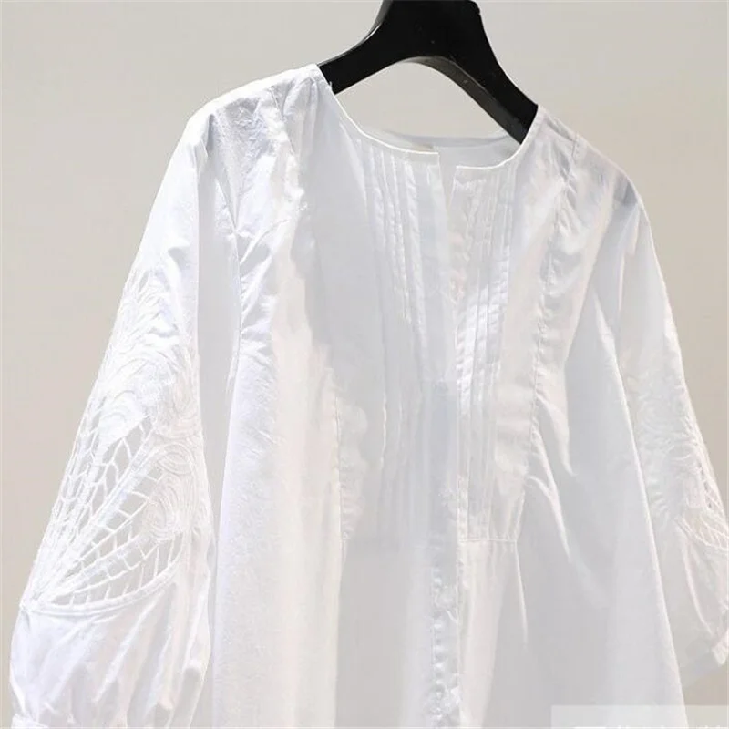 100% Cotton Embroidered Blouses Women Shirt Mid-sleeve Hollow Summer Top O-neck Loose Casual Button Up White Female Shirt