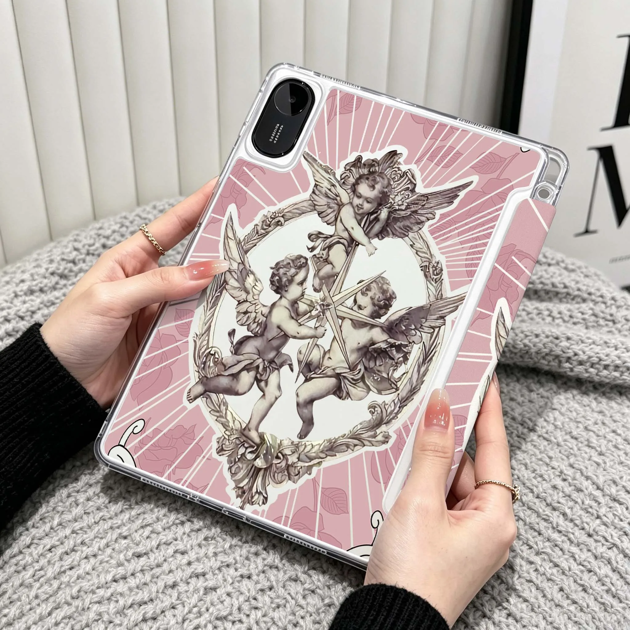 Two Angels Halo Art Case For Xiaomi Redmi Poco Pad 5 6 7 8 Pro SE 11 11.2 12.1 Inch Transparent Y-Shaped Folding Tablet