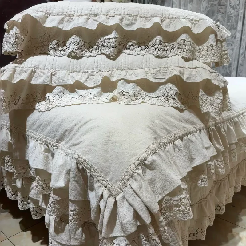 High-End Soft Cotton Linen Bedspread Set 3Pcs, Solid Color Quilt with Lace, All-Season Lightweight Bedding Cover for Bedroom