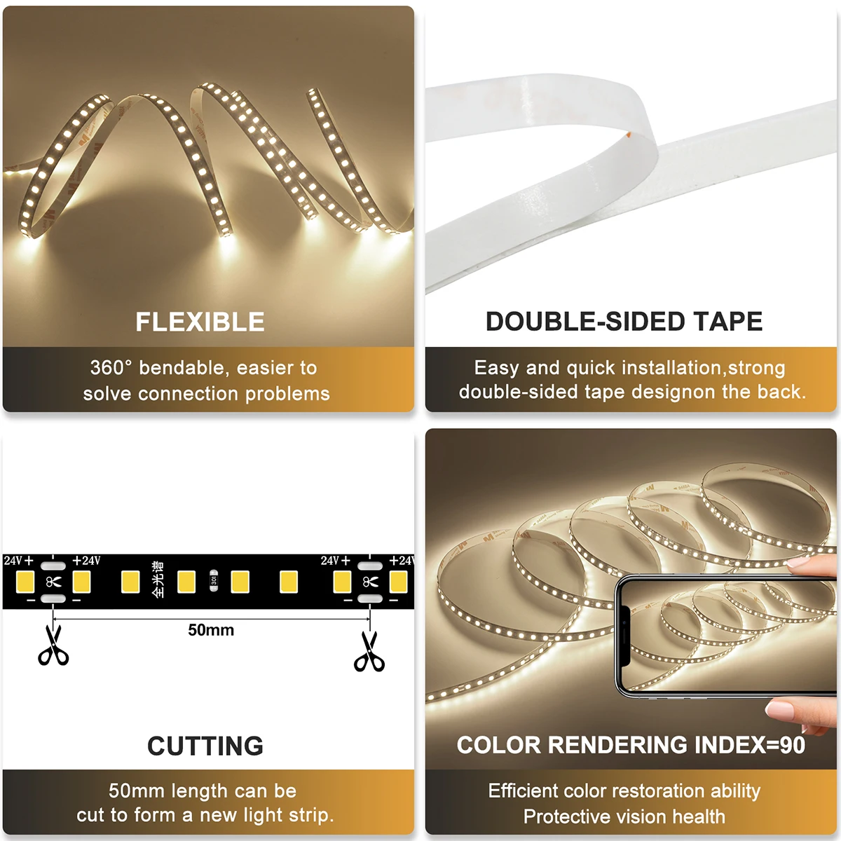 5M 10M RA85 2835 LED Strip Light 120LEDs/m DC 24V 3000K 4000K 6000K Full Spectrum Flex Cuttable Ribbon Rope 8MM Black PCB Linear