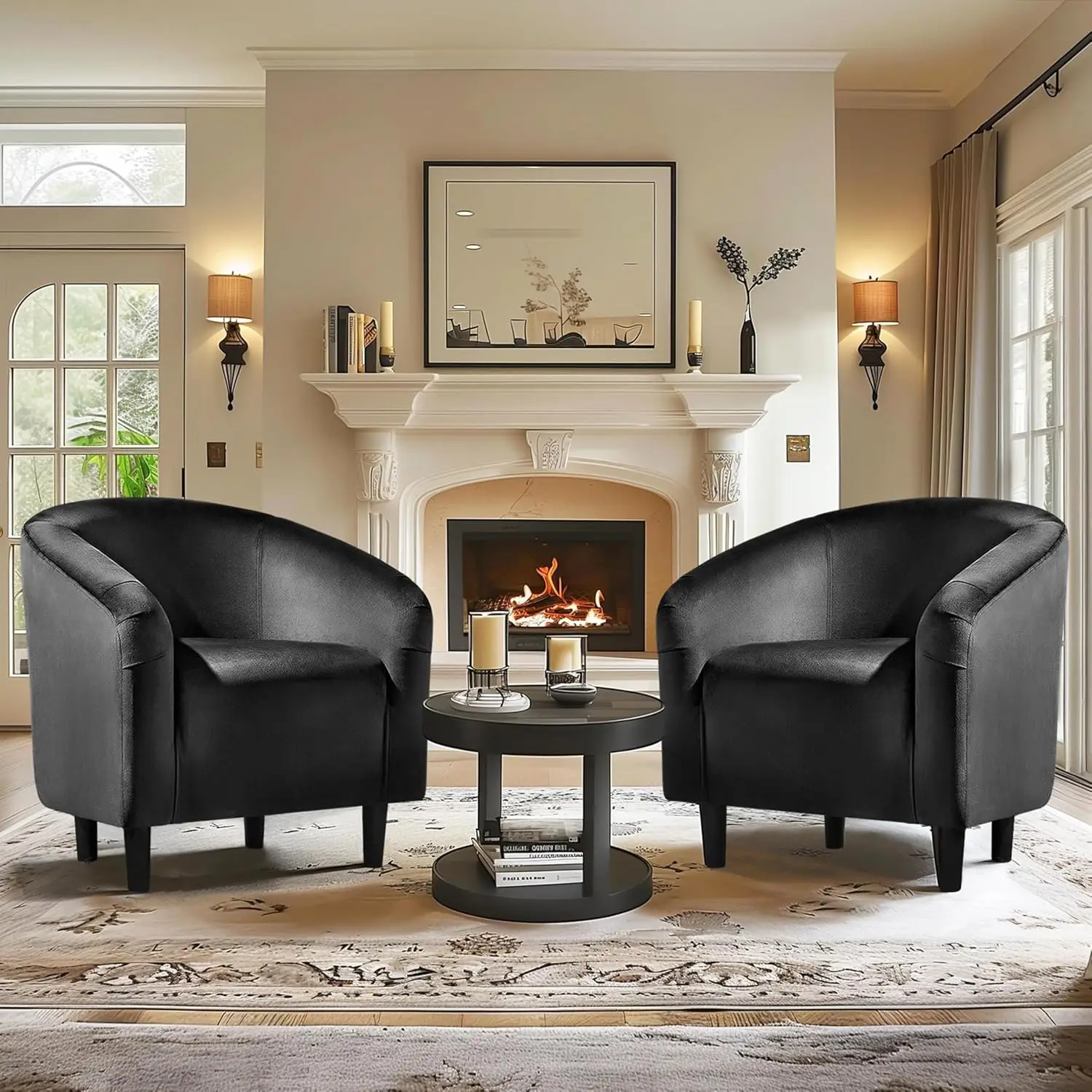 Black Accent Chairs Set of 2, Cozy Velvet Barrel Chair, Modern Club Chair with Soft Padde, Vanity Chair for Living