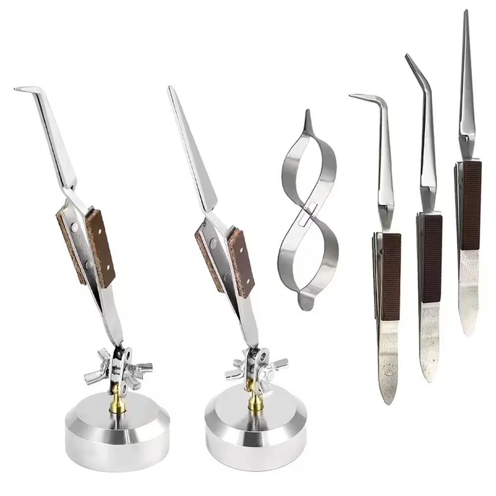 6Pcs Soldering Tweezers set 3 Cross-lock Soldering Tweezers 2 Tweezers with Base + 8-shaped Gourd Pliers Jewelry Making Kit