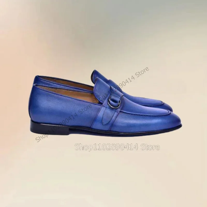 Blauw Naaien Ontwerp Gesp Decor Mannen Loafers Mode Slip Op Mannen Schoenen Luxe Handgemaakte Party Banket Kantoor Mannen Jurk Schoenen