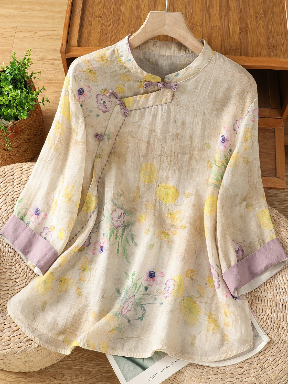 

Retro Print Linen Mid-Sve irt Women Summer Lightweight Casual Loose Belly Covering Zen Button up Top Faionable Versati...