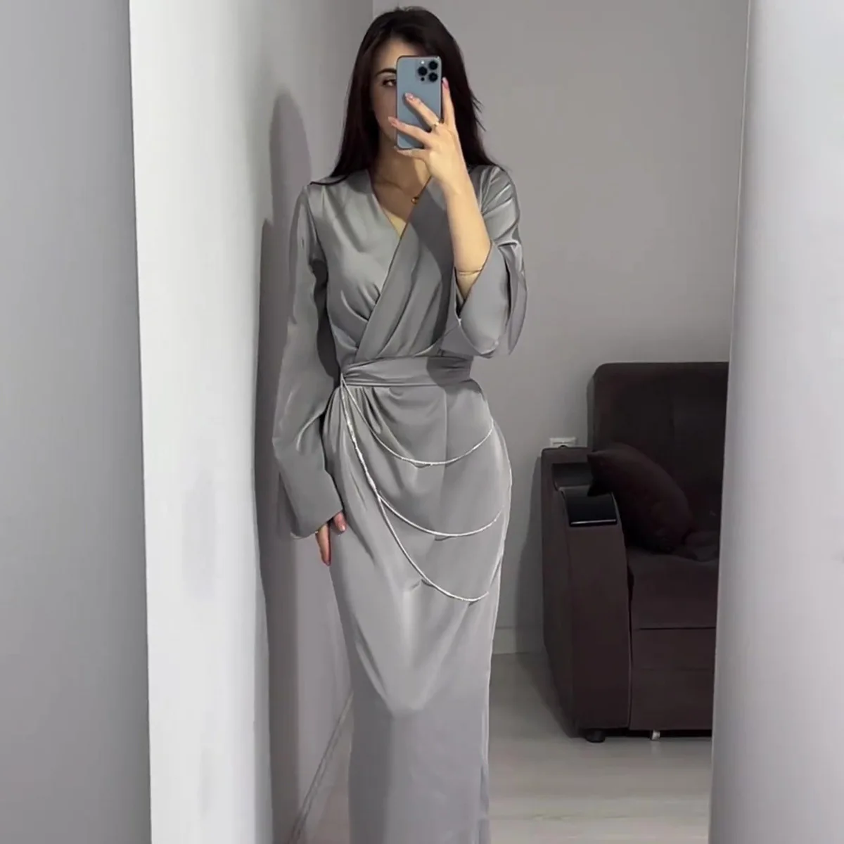 

Новое летнее женское длинное платье Ele, свободное металлическое украшение с v-образным вырезом и поясом Dr Basic Sle, трикотажное полиэфирное волокно