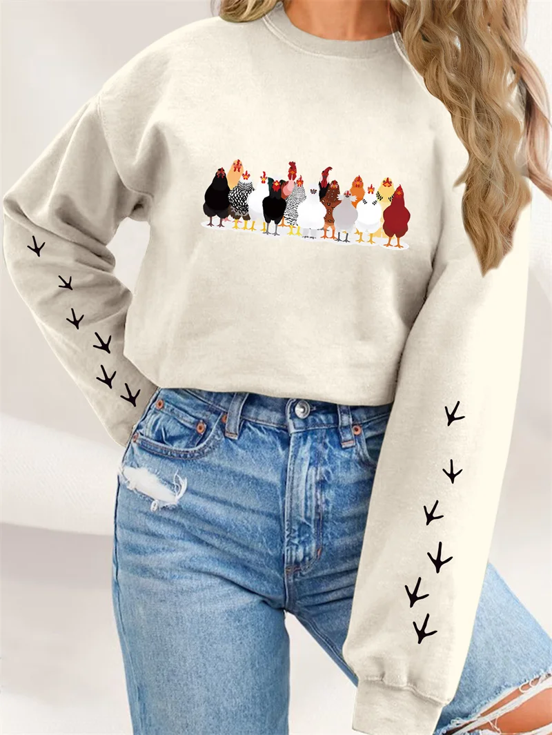 New autumn and winter fashion fun cute round neck thickened warm chicken chicken footprints printed ladies retro pullover hoodie