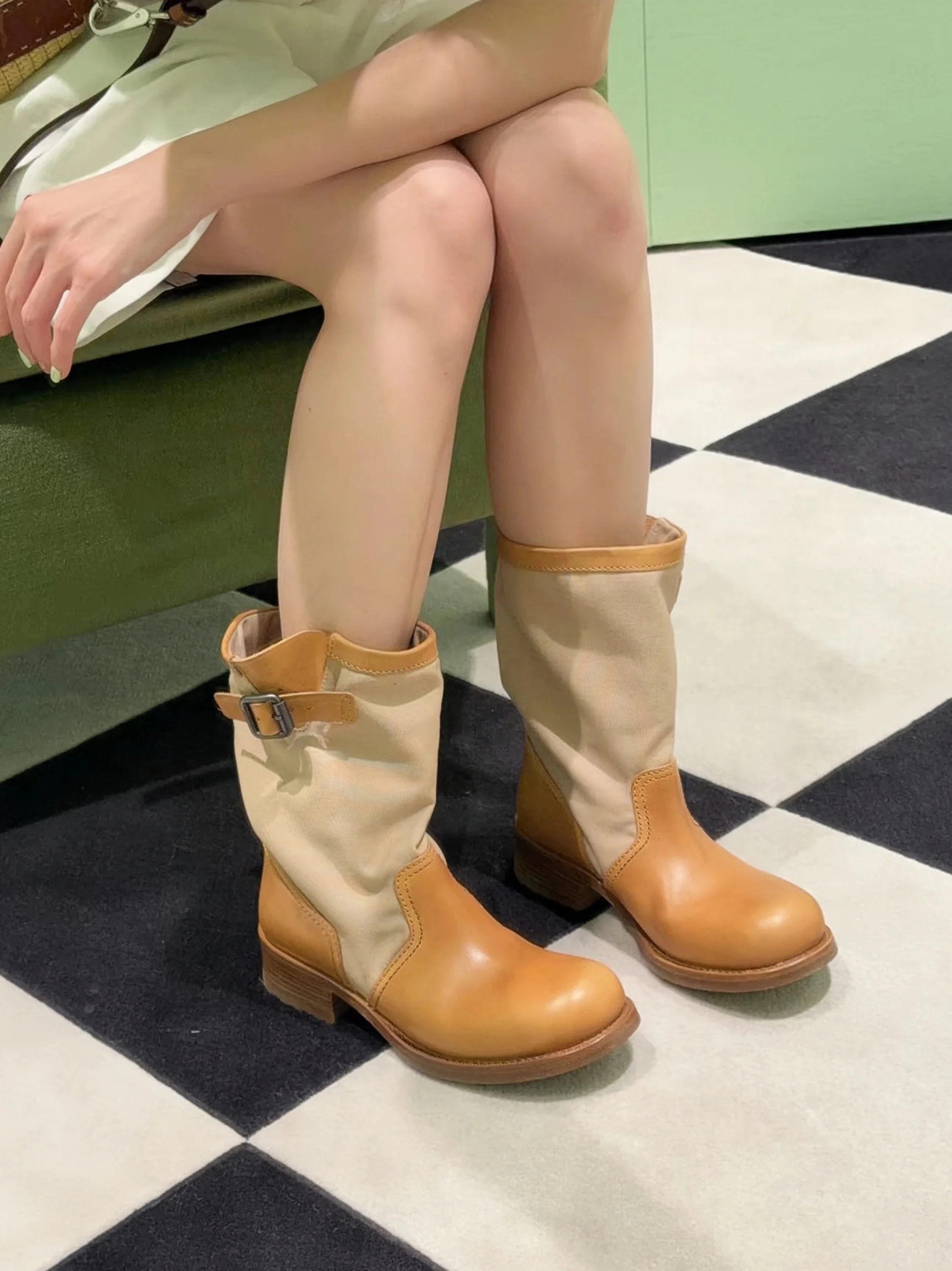 Retro Patchwork Color Western Boot Casual Thick Bottom  Boot British Style Short Boot Canvas Single Boot Comfortable ro...