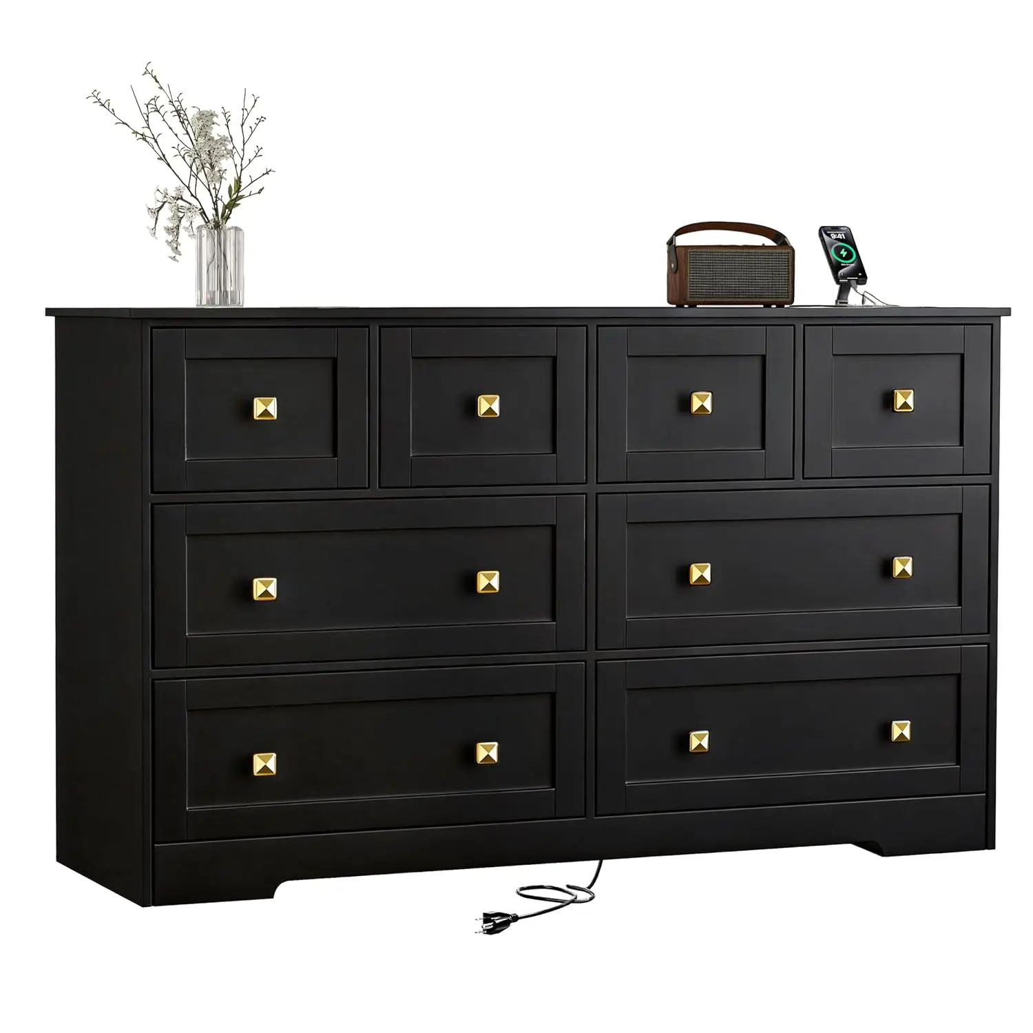 8-Drawer Dresser with Power Outlets, Wide Wooden Chest, Metal Handle for Bedroom Living Room Closet, Customized