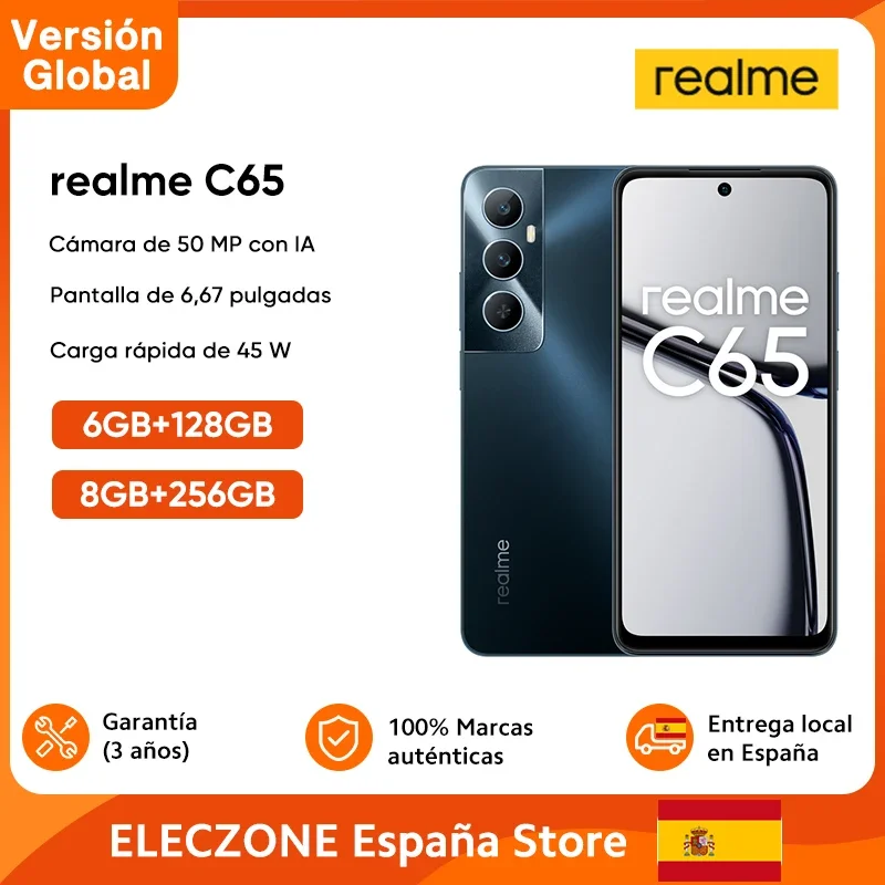 Wersja globalna realme C65 Smartfon 6,67\'\' Wyświetlacz 45W Szybkie ładowanie Aparat 50MP AI Bateria 5000mAh MediaTek Helio G85 Mobile