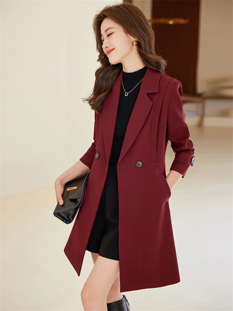 Autumn Winter Women Suit Coat New Solid Color Double Breasted Mid Long Windbreaker Female Outerwear Ladies Formal Office Blazer