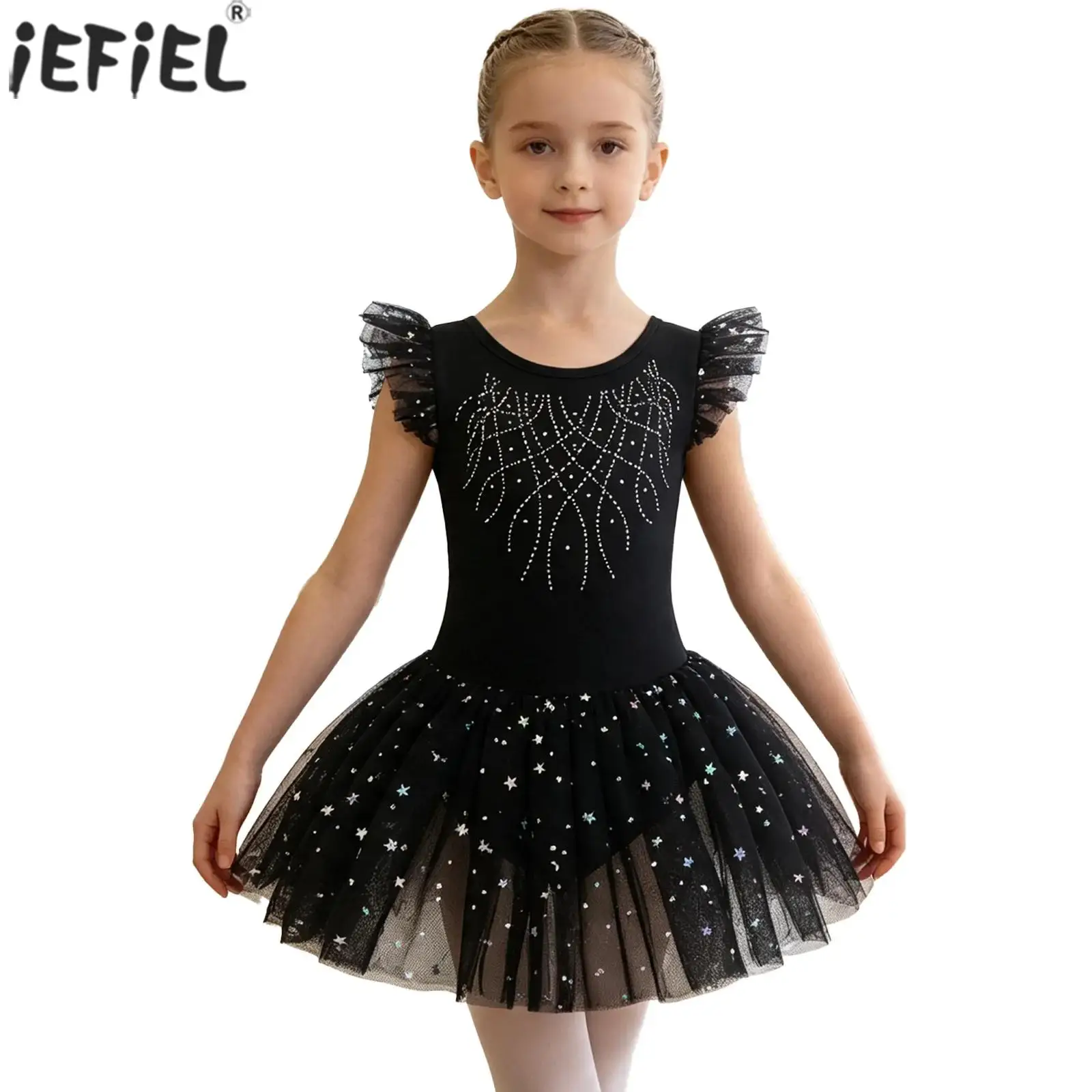 Kids Girls Ballet Dance Dress Ruffled Sleeve Cross Back Mesh Shiny Rhinestone for Figure Skating Gymnastics Practice Performance