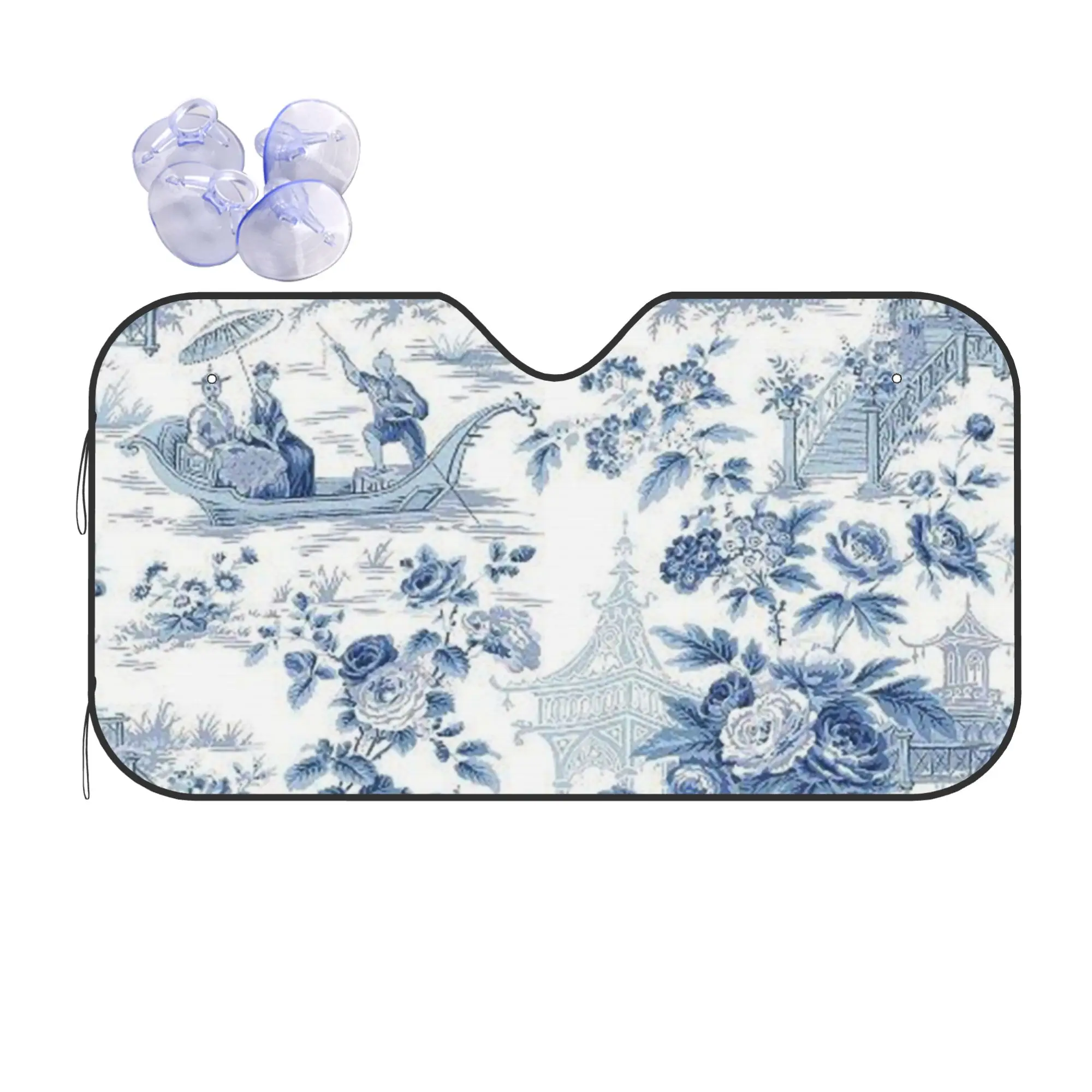 Car Front Windshield Sun Visor Powder Blue Chinoiserie Toile De Jouy UV Protection Car Sun Shade  Covers Car Solar Protection
