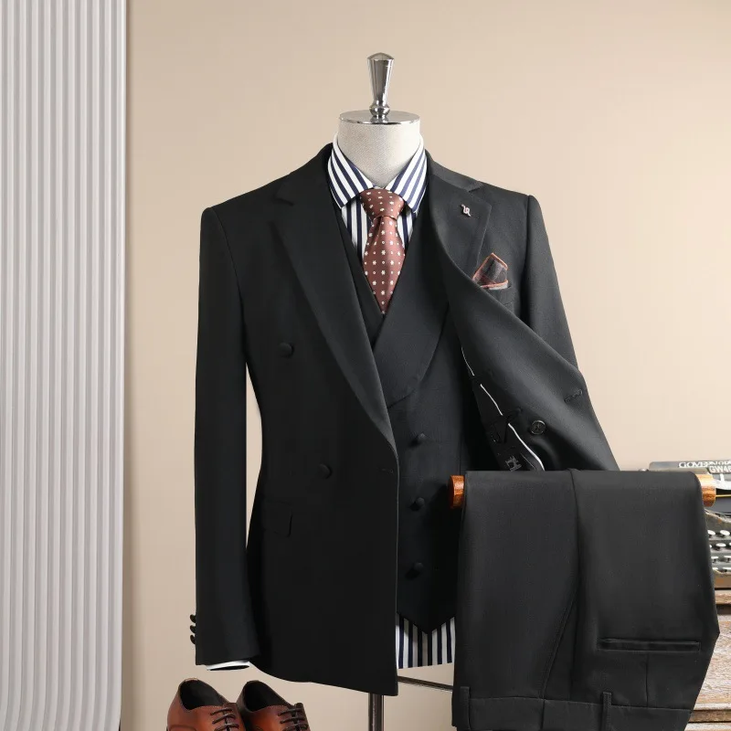 

KIDWHXR Suit Outfit Men Double-breasted Blazer Turn Down Collar Vest Male Straight-leg Pant Man Slim Wedding Groom 3-piece Set