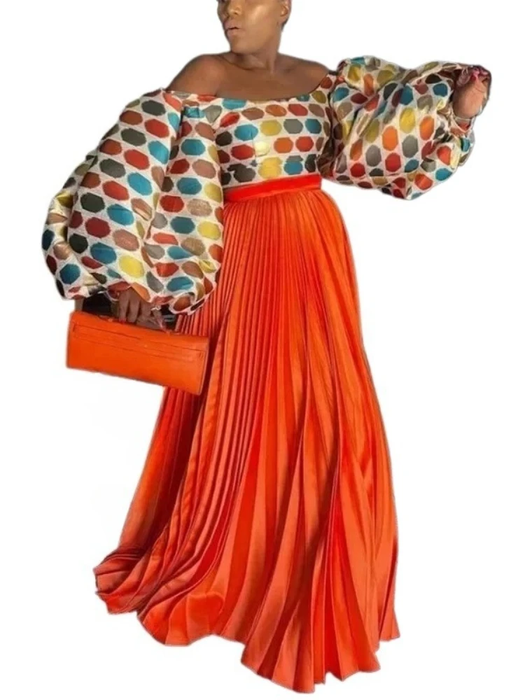 

African Clothes for Women Autumn African Elegant High Waist Pleat Orange Long Skirts Dashiki Africa Clothing Outfits 2025 Nwe