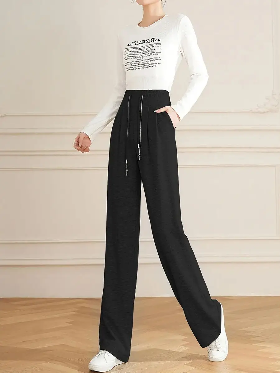 LOUIS YAO Women Pants 2024 Spring New Sweat Pants Loose Fit Straight Wide Leg Pants High Waist Drawstring Casual Pants
