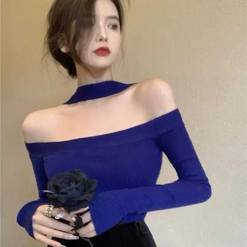 Sexy Halter Sweater Slash Neck Off  Shoulder Pullovers Spring Autumn Women Tops Knitted Korea Style Blue Rose White Black White