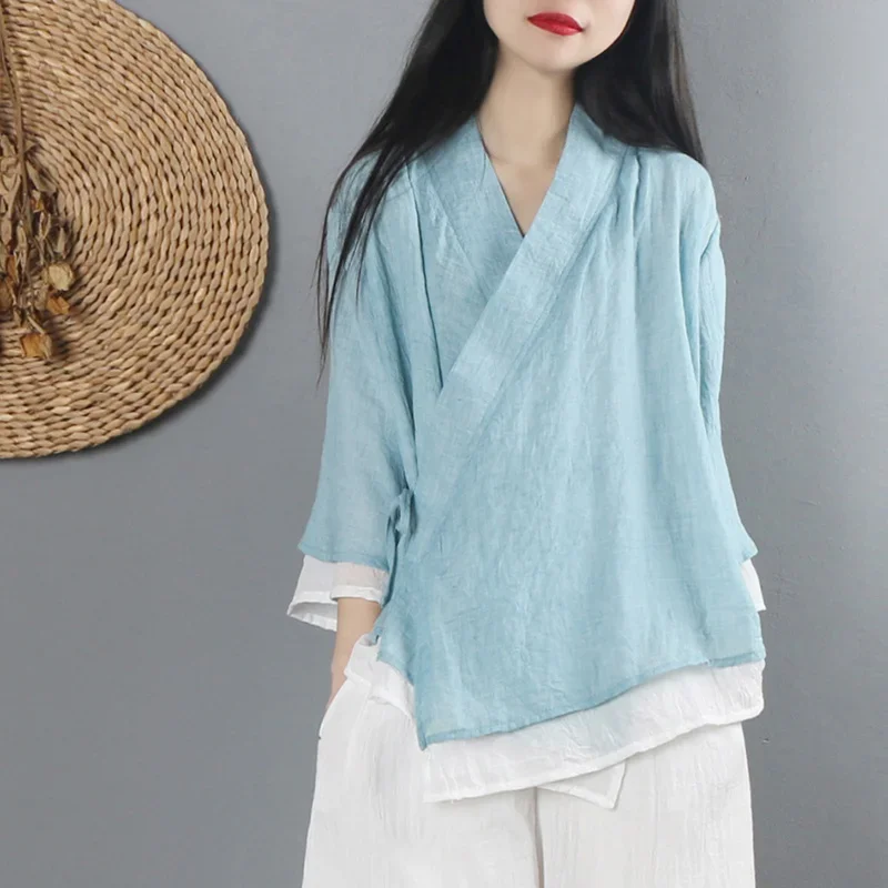 Chinese Style Ethnic Harajuku Zen Tops Clothes Women Cotton Linen Solid Vintage Tang Suit V Neck Loose Spring Blouse Thin Hanfu