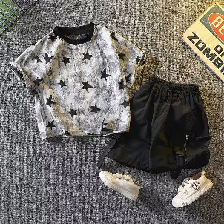Baby Boys Summer Boutique Clothes Short Sleeve Stars Print Pullover Shirt And Fashion Black Pocket Pants 2pcs Kids Sport Outfits