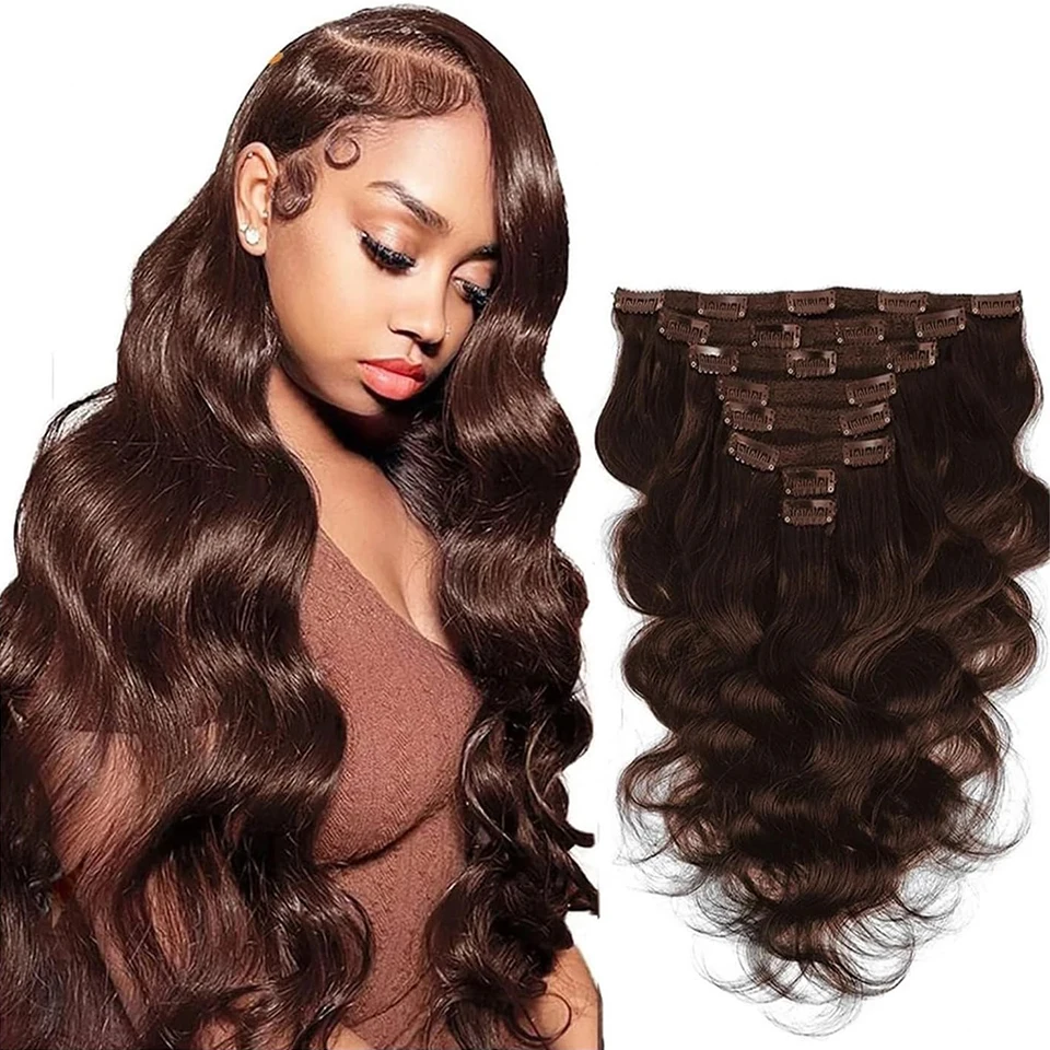 Dark Brown Clip In Hair Extensions Body Wave Clip Ins Human  display picture 1