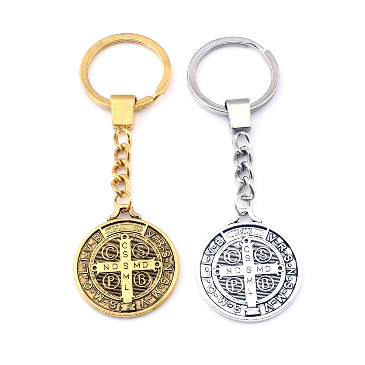 2Pcs Keychain Saint St Benedict of Nursia Patron Against Evil Cross Medal Pendants Key Ring Travel Protection