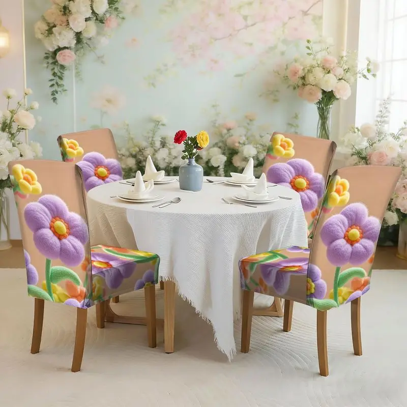 

Набор чехлов для обеденных стульев с плоским принтом и эластичной резинкой, фиолетово-желто-розовые цветы с зеленым узором в виде стеблей и листьев, чехол для стула.