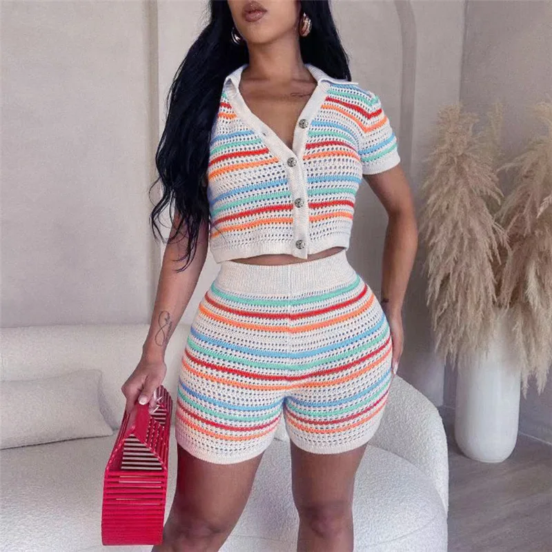 Horizontal Stripe Knitted Two Pieces Shorts Set Women Casual Turndown Collar Botton T-shirt + High Waist Short Lady Skinny Suit