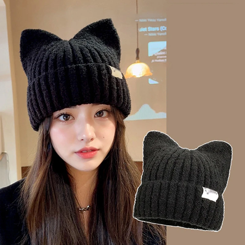 Gorro con orejas de gato para mujer, Jersey de punto, gorros cálidos con protección para los oídos, pasamontañas, estilo Kpop, sombreros simples de calle para niña