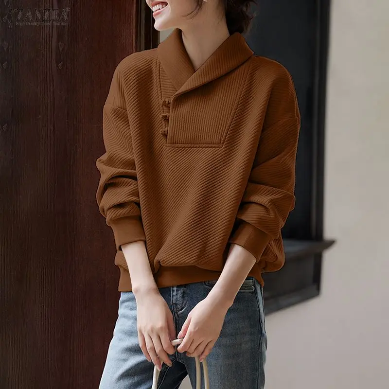

ZANZEA Повседневные трикотажные свитшоты в рубчик, женские однотонные пуловеры с воротником-стойкой и длинными рукавами, уютная женская одежда на весну и осень, 3XL